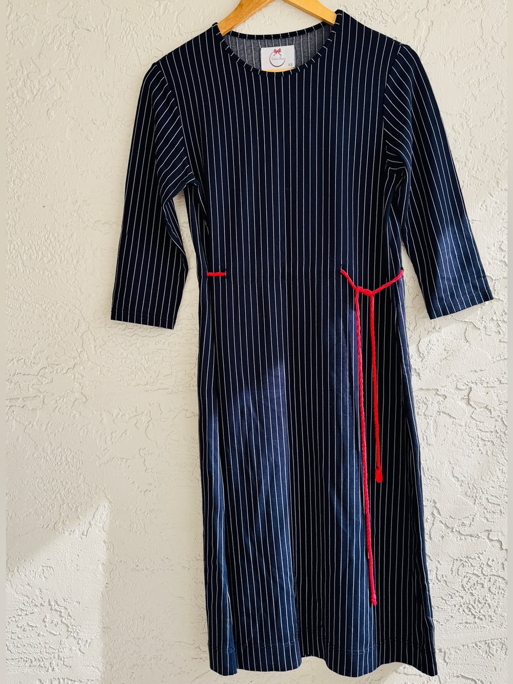 Velvet Navy Pinstripe Long Sleeve Midi Dress with Red Tie